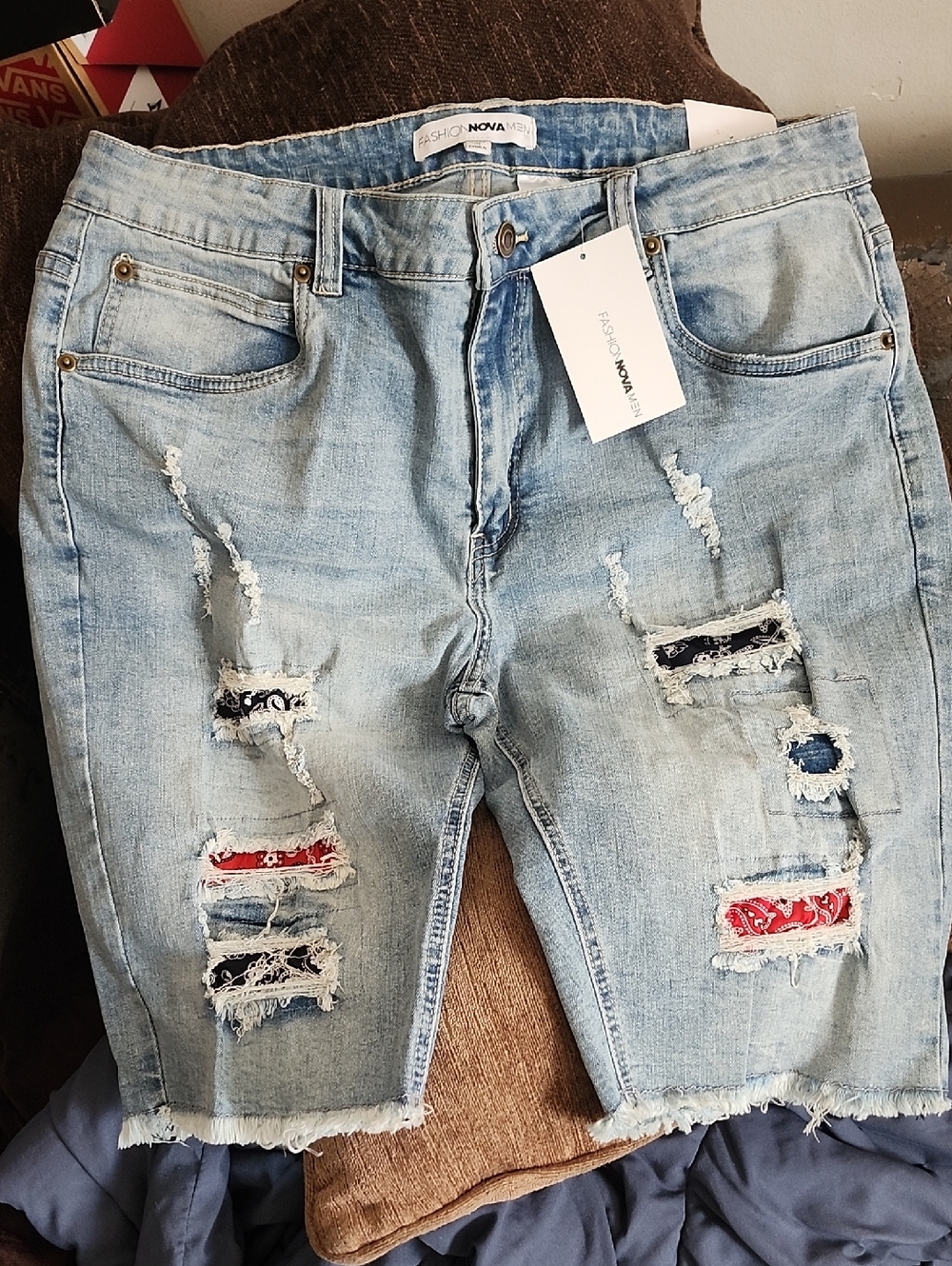 Fashion Nova Light Wash Distressed Men's Denim Shorts with Red & Navy Accents
